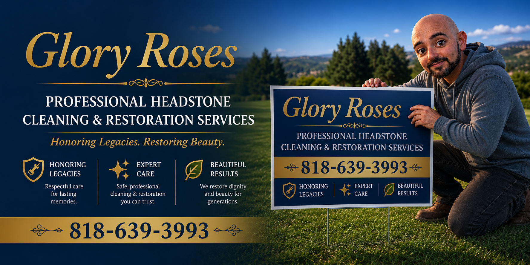 Person holding a sign for Glory Roses headstone cleaning and restoration services with a scenic background.