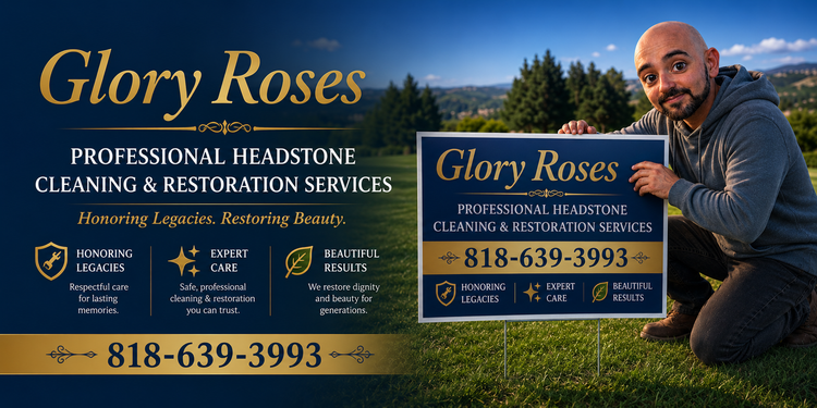 Person holding a sign for Glory Roses headstone cleaning and restoration services with a scenic background.