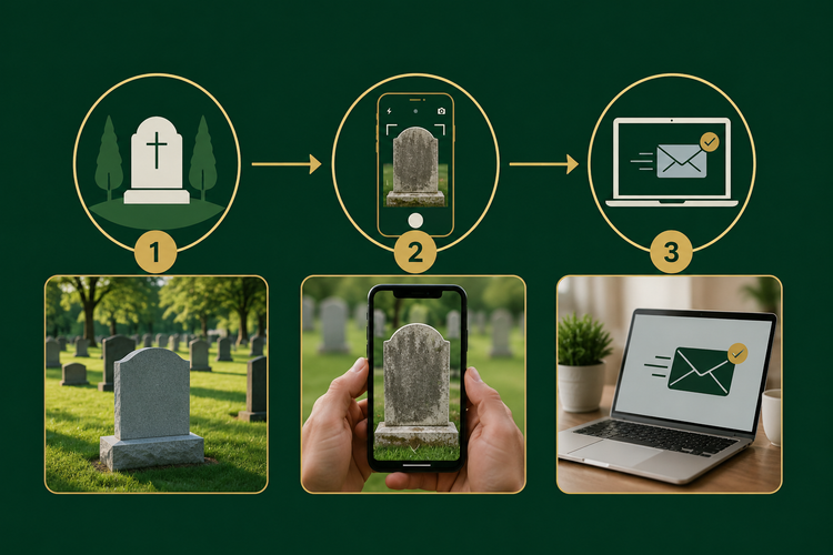 Three steps to a headstone restoration quote: find the marker, photograph it with your phone, and receive a quote by email